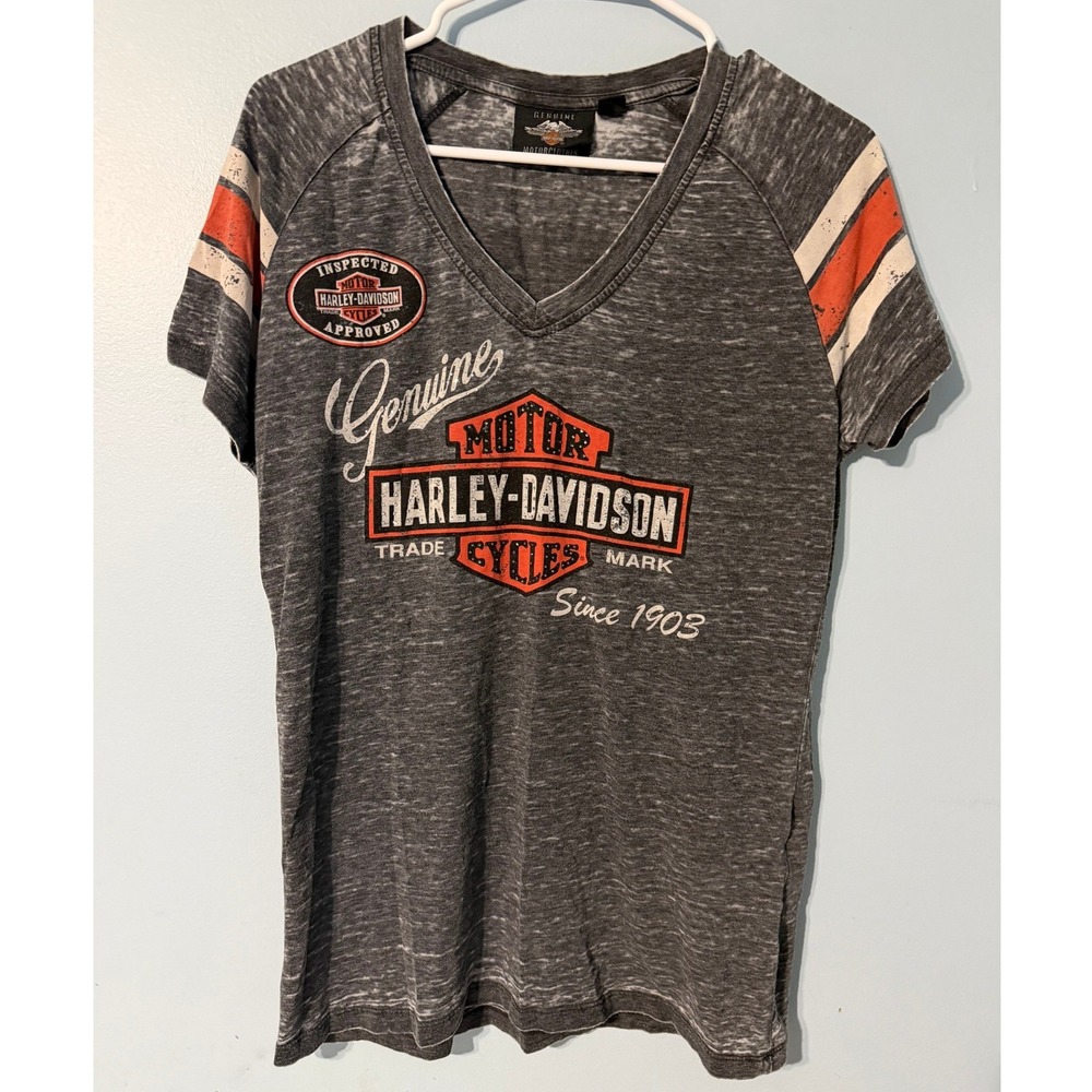 Harley-Davidson Women's L Gray Burnout V-Neck T-Shirt Graphic Rhinestone 0619